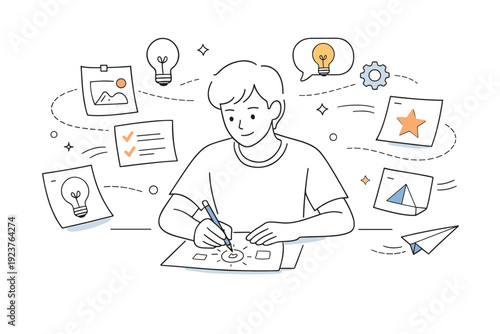 Creative process visuals. A person sketching ideas on paper while notes and symbols float around, showing thoughts taking shape. Calm focus