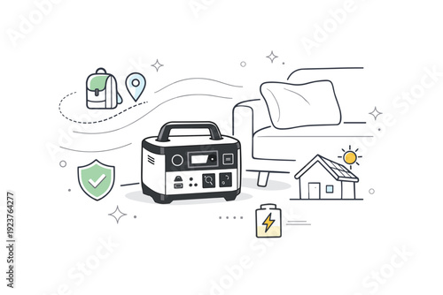 portable home backup. A stylish battery unit with a handle placed near a sofa, ready for use, surrounded by soft abstract lines and icons