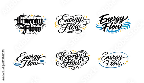 Energy Flow. Create a calligraphy lettering illustration of the phrase: Energy Flow. Render