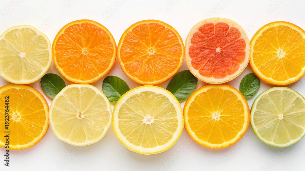 Fototapeta premium Slices of different citrus fruits arranged in a line with green leaves on a light background during daytime