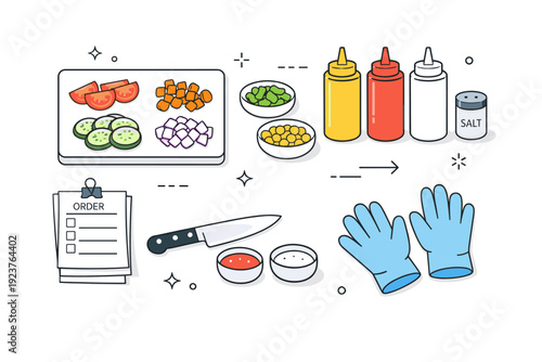 Food truck kitchen setup for spring festival. Chopped vegetables, sauce bottles, gloves, and order tickets placed in a clean flat lay. Organized productive