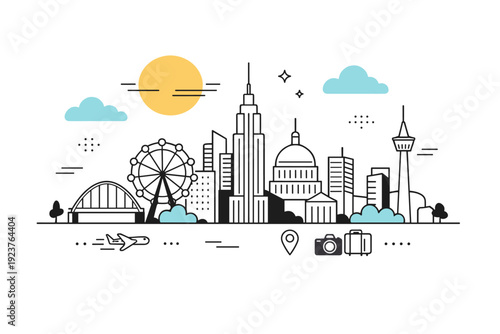 City travel editorial backdrop. Simplified skyline silhouettes with abstract sun and cloud shapes, forming a clean editorial scene. Modern