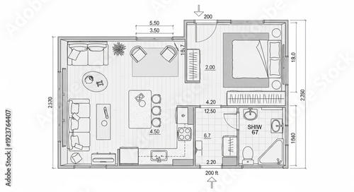 Detailed floor plan of a modern residential house with multiple rooms and dimensions.