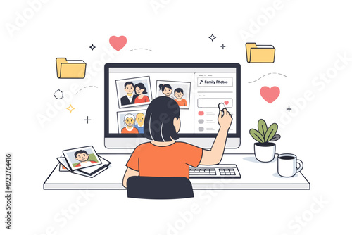 Organizing digital albums. A person tagging and arranging scanned family photos on a computer, subtle floating folder and heart icons, focused and warm