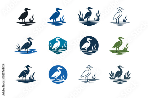 Wetlands. Icon set. Set Logo of Wetlands: heron standing in shallow water. harmonious logo variations of the same emblematic concept, each