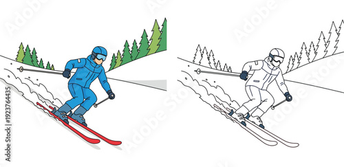 Vector illustration of a skier sliding down a snowy mountain slope, featuring a colored version and a black and white line art outline for coloring books.
