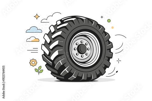 Tractor wheel close-up. A large tractor wheel shown in detail, emphasizing thick tire tread and solid rim. Sense of strength and reliability,