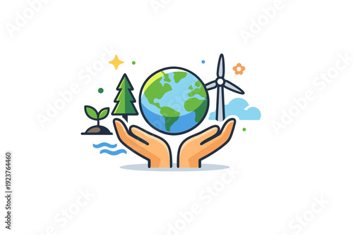 Globe sustainable future illustrated through a clean planet symbol paired with natural elements, reflecting care for the environment and long term thinking.