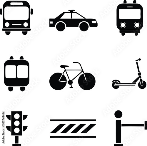 Black and white of various transportation modes and traffic taxi