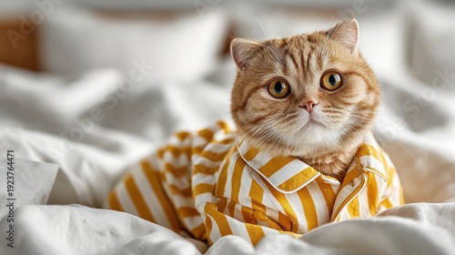 cat is wearing cute pajamas. The pajamas are made of yellow and white striped seersucker fabric