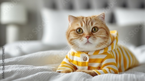 cat is wearing cute pajamas. The pajamas are made of yellow and white striped seersucker fabric