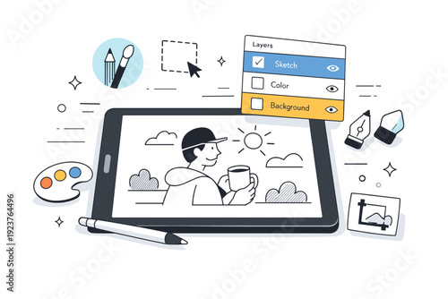 Digital sketching workflow. A tablet on a table with a stylus, layers and simple drawing tools floating around. Organized creative process, clarity, and modern