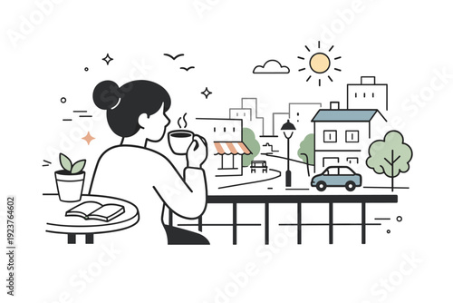 Serene Balcony Morning. City balcony morning. Person sipping coffee on balcony overlooking calm streets and soft sunlight, relaxed and serene mood. Friendly