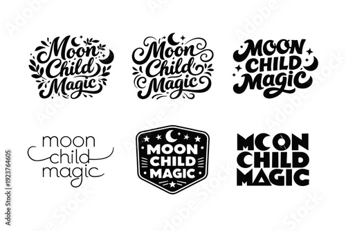 Moon Child Magic. Set lettering. harmonious lettering variations of the same emblematic concept, each with different artistic interpretation