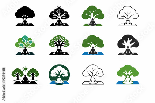 Yoga Park Icons. yoga classes in the park. Icon set. Set Logo of yoga classes in the park: yoga mat under tree. harmonious logo variations of the