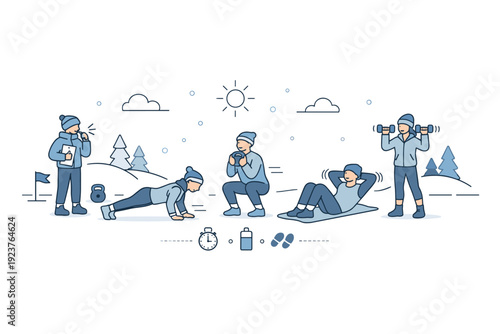 Minimal winter bootcamp scene. A wide composition with a small group exercising against a simple snowy background. Space, rhythm, and calm strength-focused