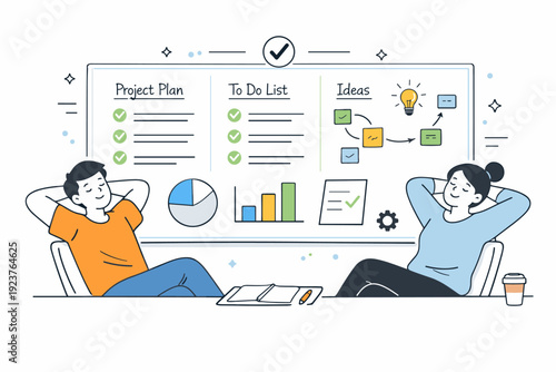 Creative planning whiteboard scenes. End-of-session scene with a completed whiteboard, checkmarks, and relaxed body language. Feeling of progress, clarity, and