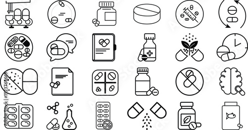 Minimalist Black Outline Pharmacy and Medical Vector Icon Set Featuring Pills, Capsules, Prescription Bottles, Syringe, and Healthcare Symbols