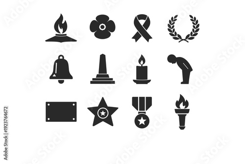 Remembrance Day. Solid icon set of Remembrance Day: memorial flame, remembrance flower, honor ribbon, laurel wreath, silent bell, monument