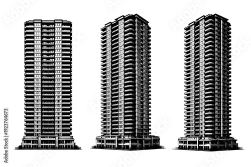 Skyscraper isolated residential high-rise. A residential skyscraper with stacked balconies, repetitive window patterns, vertical