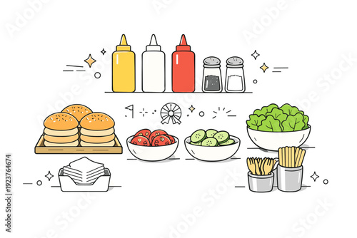 Spring fair food stall prep. Sauces, buns, vegetables, and napkins arranged symmetrically. Warm anticipatory mood suggesting upcoming crowds