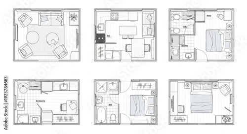 Detailed architectural floor plans showcasing various room layouts and designs for residential spaces.
