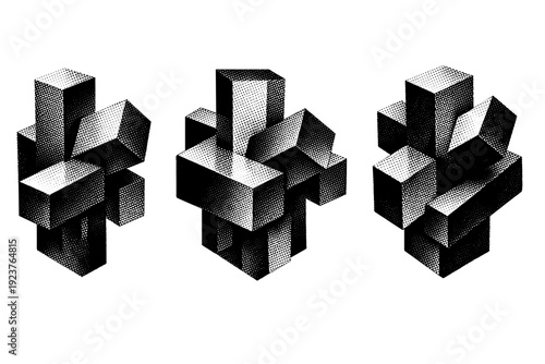 Abstract geometric shape intersecting prisms, a unified sculptural object formed by overlapping rectangular volumes shown from