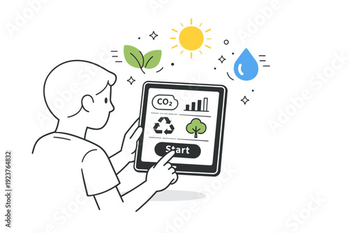 Eco app interaction. A user tapping a nature-inspired app interface on a tablet, with floating icons of leaves, sun, and water to convey engagement and
