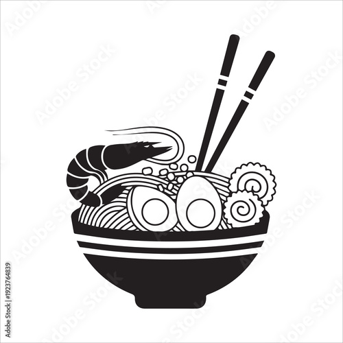 Japanese Ramen Noodle Bowl with Shrimp Egg and Chopsticks Black Silhouette Icon