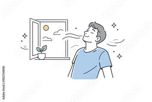 Calm Breathing Moment. People breathing deeply. Someone leaning slightly back near an open window, shoulders relaxed, gentle breath lines flowing outward. A