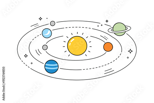 Planets in orbit. Simplified planets moving along circular paths, showing motion and structure of the solar system in a clear and friendly way. Abstract lines