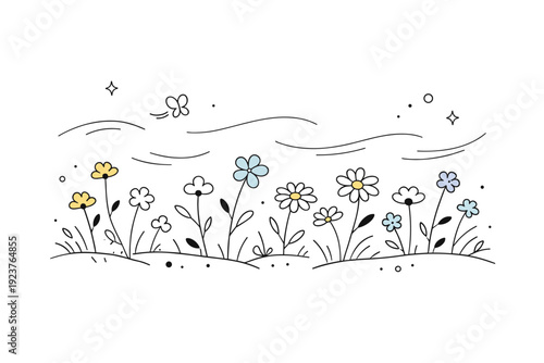 Wildflowers. A gentle meadow filled with small blooming wildflowers, thin stems and simple petals swaying lightly, with calm motion lines showing a spring