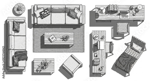 Overhead view of furniture arrangement in a room, including sofa, bed, and desk.
