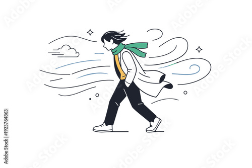 People in wind movement. A person walking forward while strong wind lifts hair and coat, body slightly leaning into motion. Sense