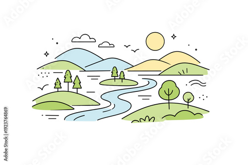 Nature travel editorial background. Abstract hills, rivers, and trees arranged in layers with soft curves, providing depth and calmness.