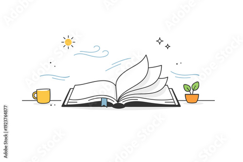 Ordinary life poetry. Open book on a table with breeze turning the pages, untouched for a moment as light filters in. Poetic stillness of inaction shown