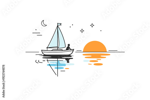 Evening sail on calm waters. A minimalist scene shows a sailboat drifting gently as the sun dips lower, with abstract reflections on the sea.