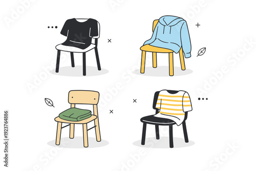 Clothing on chairs. Several chairs arranged with different garments resting on them, each slightly varied in placement. The composition
