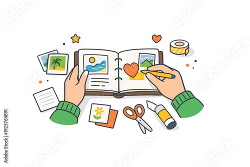 Scrapbooking as a mindful hobby conveyed through a calm scene of hands arranging photos and notes in a small album, reflecting relaxation,