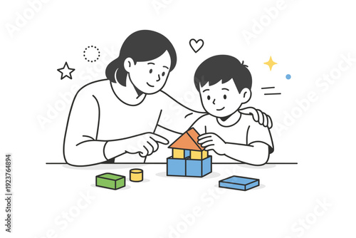 Parenting. Adult gently guiding a child while playing or building something, quiet moment of support, trust, and shared discovery. Minimalist