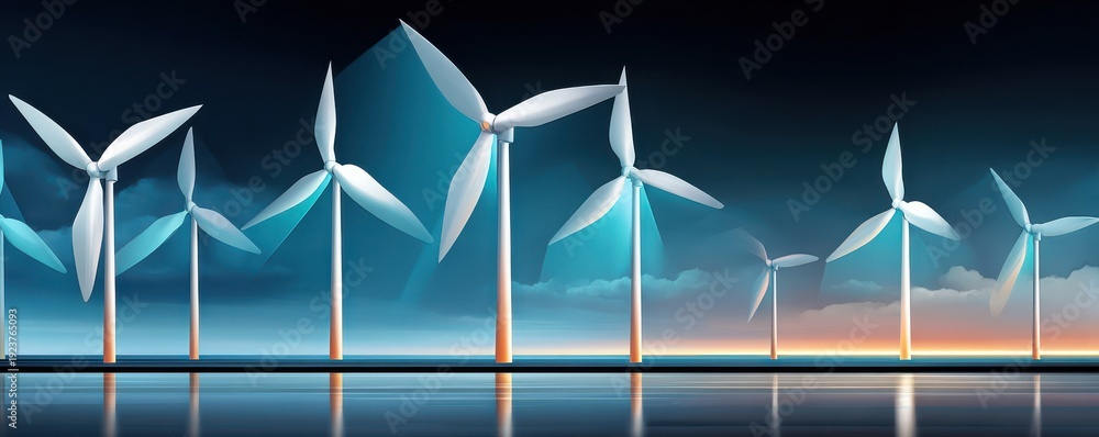 Fototapeta premium Wind turbines glow on a dark blue background with geometric lights and horizon glow at night