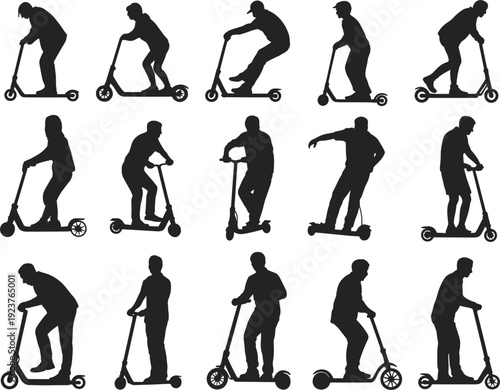 Collection of Silhouettes of People Riding Kick Scooters in Various Poses untitled vector