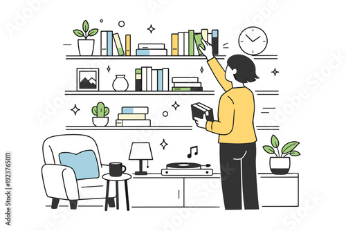 Home library styling. Calm interior scene with a person arranging books on open shelves, soft daylight and tidy composition, sense of order