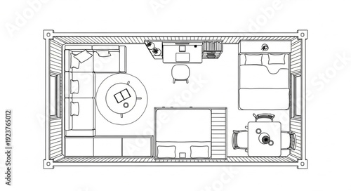 Detailed floor plan of a modern house with furniture arrangement and interior design.