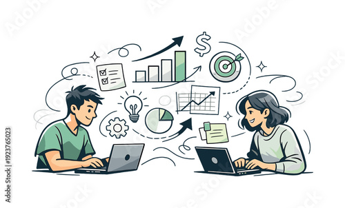 Startup Teamwork. Founders working on laptops, sticky notes and graphs hovering between them