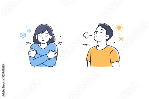 People reacting to temperature. A person wraps arms around themselves or exhales softly, responding to cold or warmth in a calm, everyday