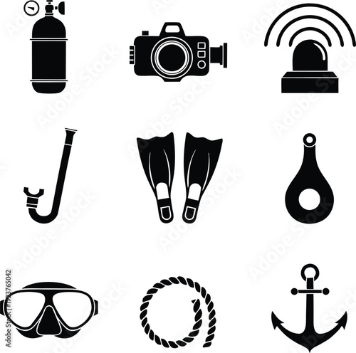 Black and white of scuba diving and equipment with an anchor and rope