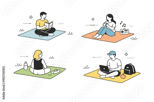 Blankets on still-cool grass. Small group sitting spaced apart on separate blankets in a park. Shared outdoor space with personal comfort zones. Minimalist