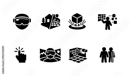 Mixed reality. Filled icon set of Mixed reality: mixed headset, real and virtual merge,