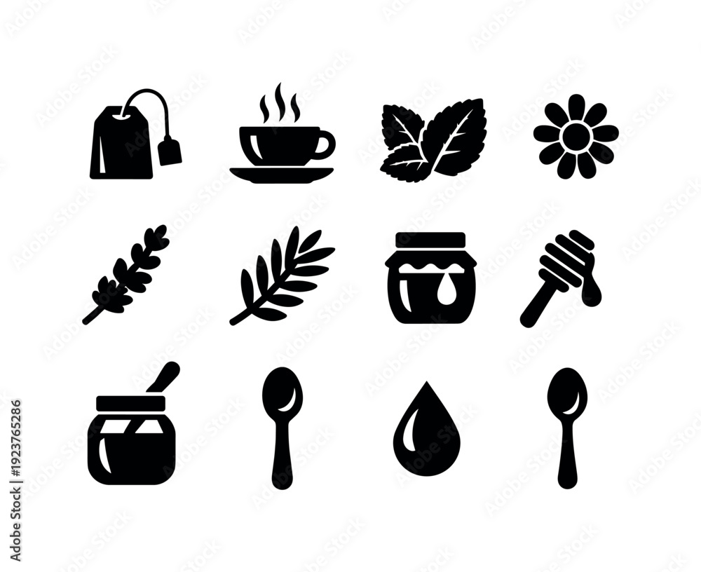 Fototapeta premium Wellness herbal tea. Filled icon set of Wellness herbal tea: herbal bag, tea cup, mint